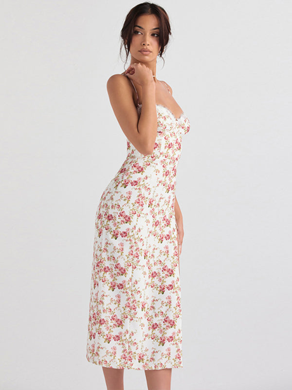 Women's fashion new small floral slit suspender dress