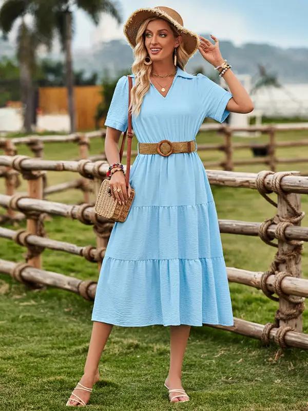 Women's fresh and sunny strap waist V-neck short-sleeved dress