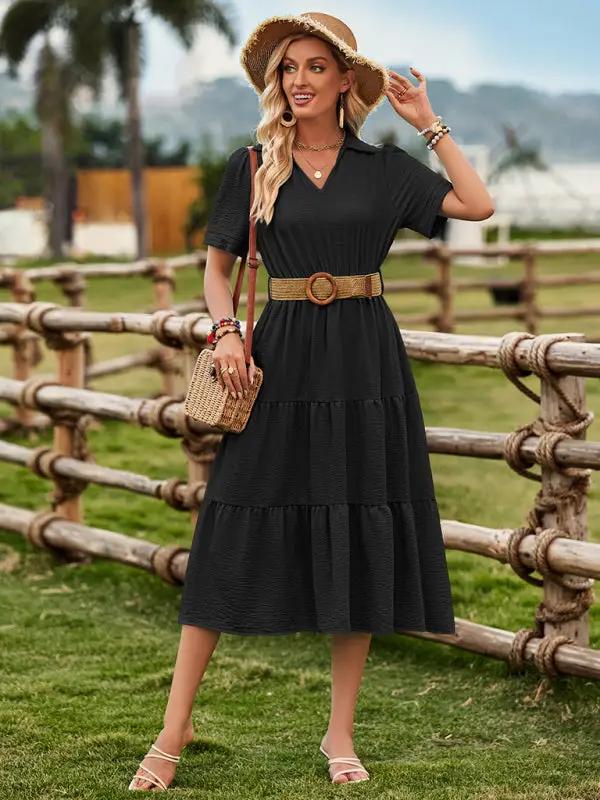 Women's fresh and sunny strap waist V-neck short-sleeved dress