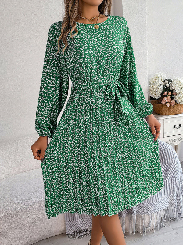 Women's casual long-sleeved floral large hem pleated dress