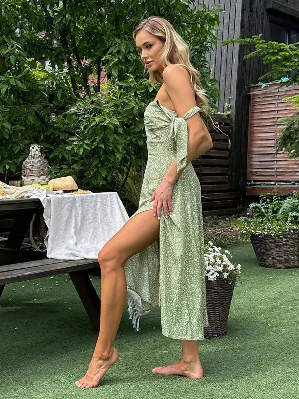 Women's fresh and sweet square neck strap slit large skirt dress