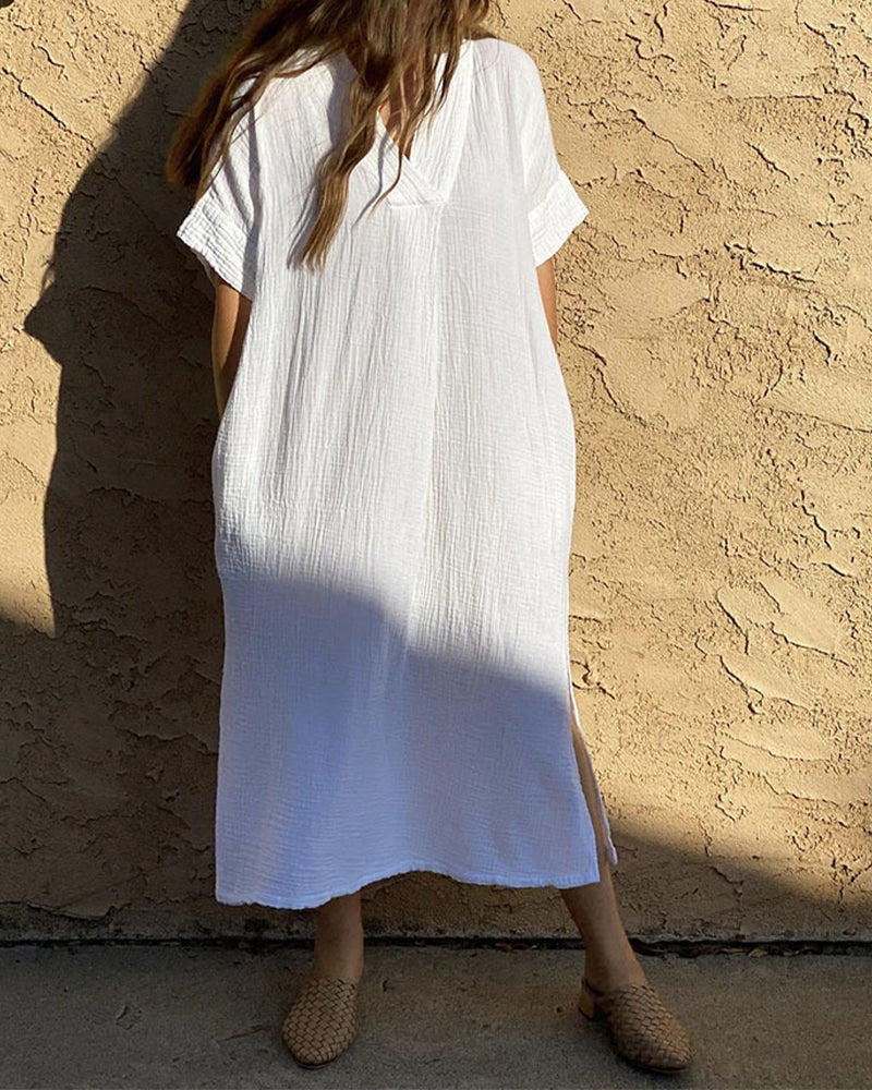 V-neck short sleeves slit dress