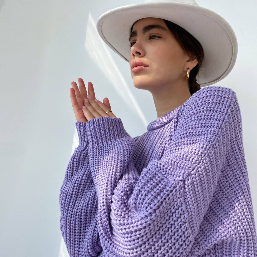 Oversized Ribbed Candy Color Crewneck Pullover Sweater - Purple