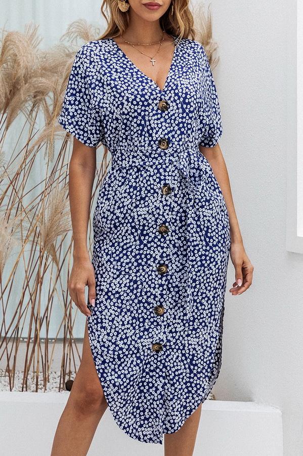 Stripe Pocket V-neck Single Breasted Dress