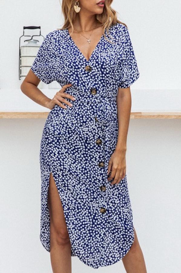 Stripe Pocket V-neck Single Breasted Dress