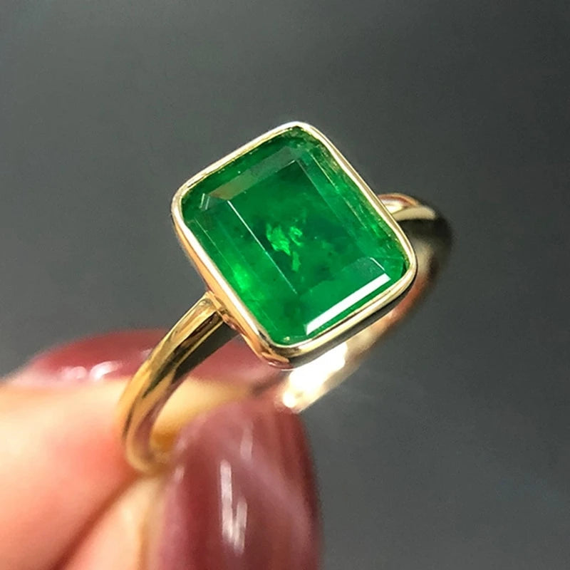 Vintage 925 Golden Rings with Natural 18k Gold Emerald Rectangle Beveled Stone