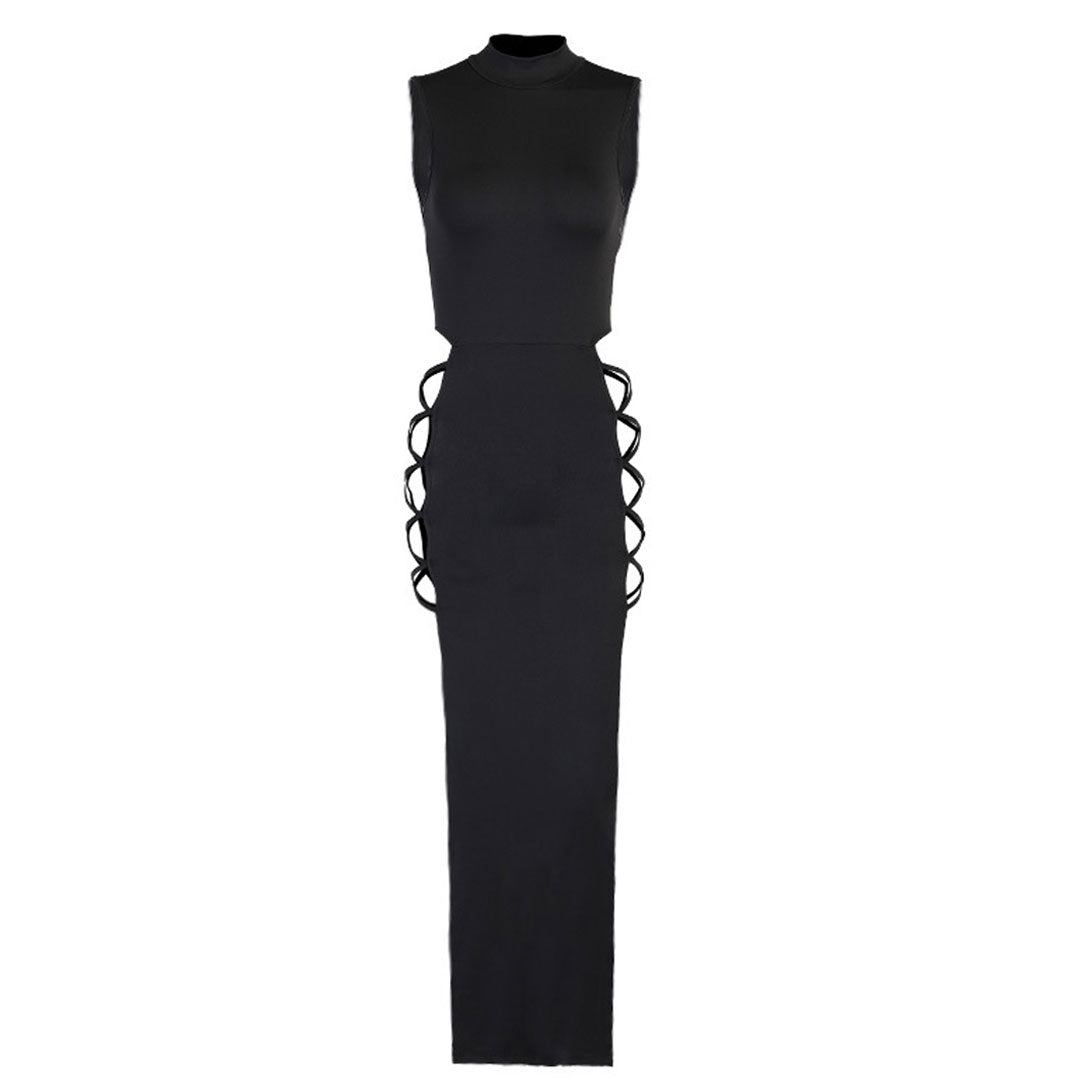 Sexy High Neck Sleeveless High Slit Cut Out Maxi Dress - Black