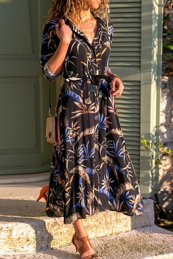 Single Breasted Long-sleeved Chiffon Print Dress