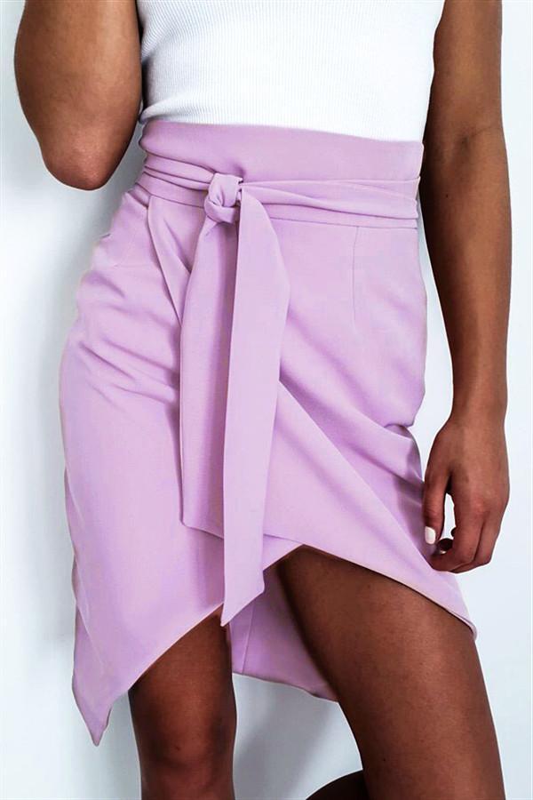 Solid Color Belt Front Slit Skirt