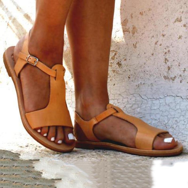 Solid Color Buckle Open Toe Flat Sandals
