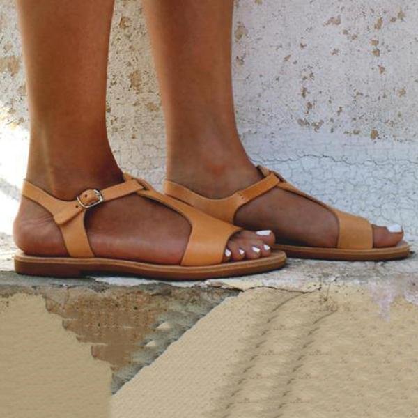Solid Color Buckle Open Toe Flat Sandals