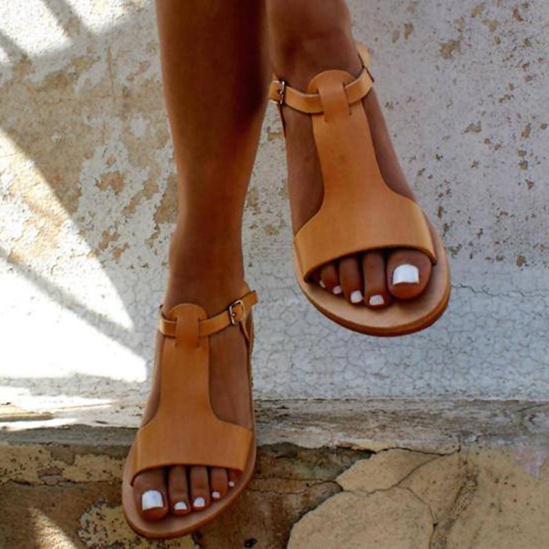 Solid Color Buckle Open Toe Flat Sandals