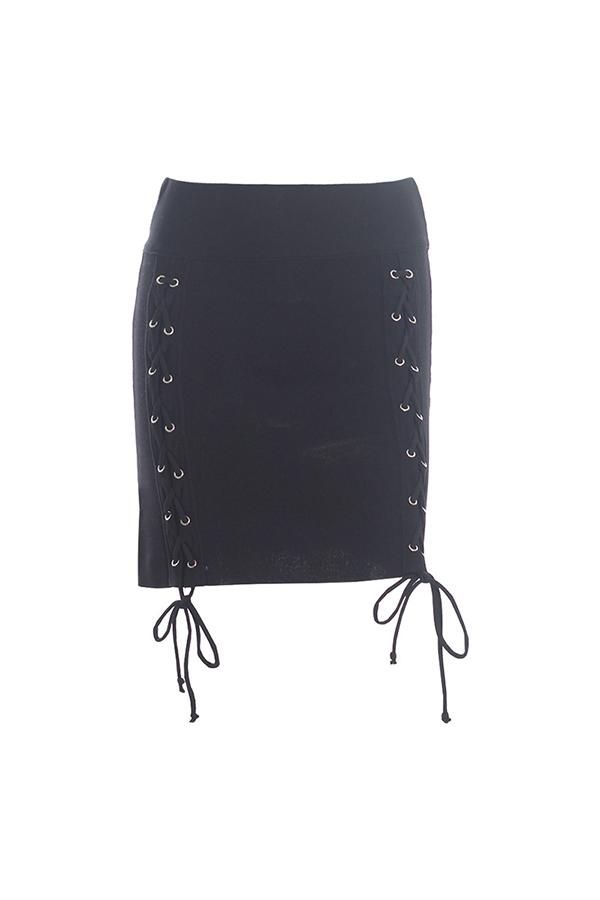 Solid Color Lace Up Knit Skirt