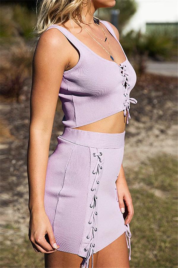Solid Color Lace Up Knit Skirt