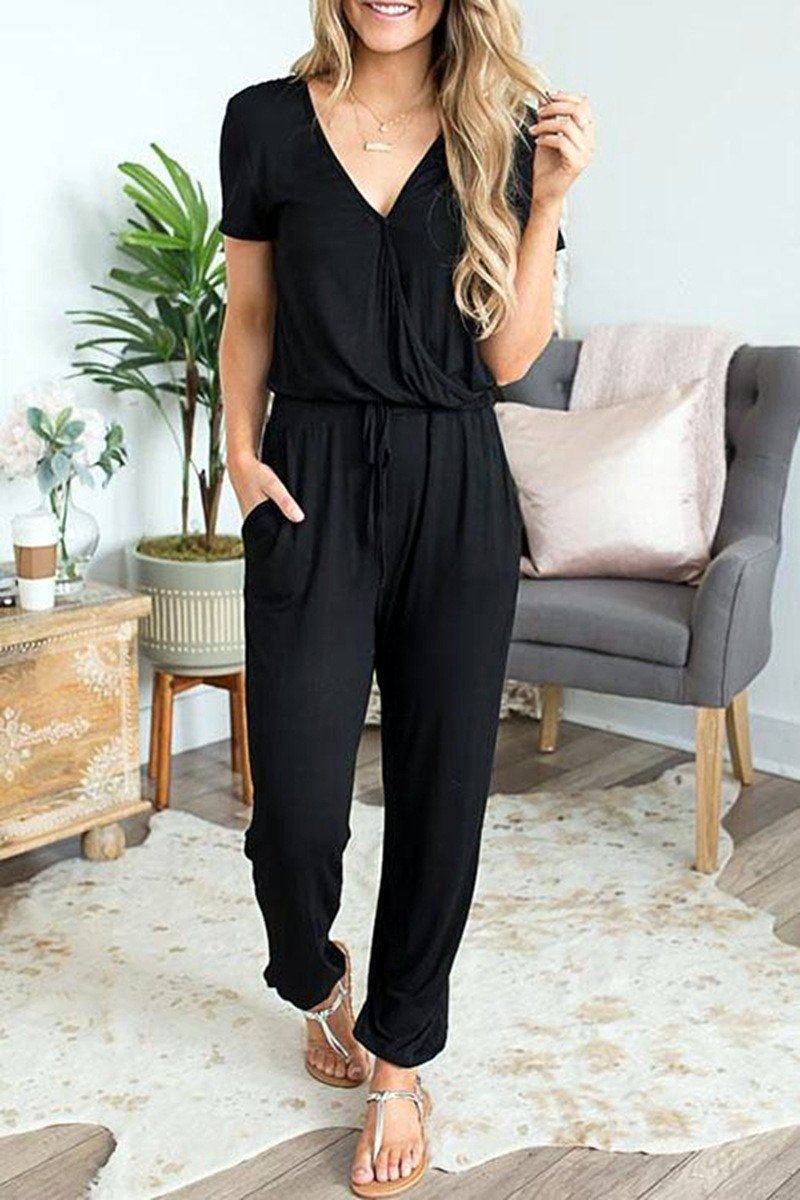 Solid Color V Neck Jumpsuit