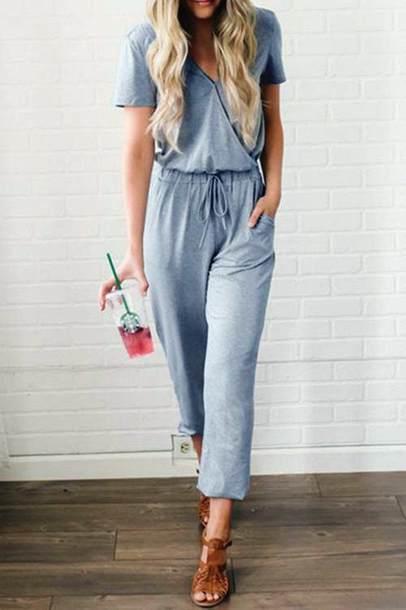 Solid Color V Neck Jumpsuit