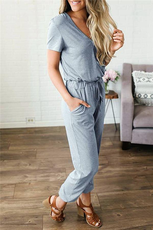 Solid Color V Neck Jumpsuit
