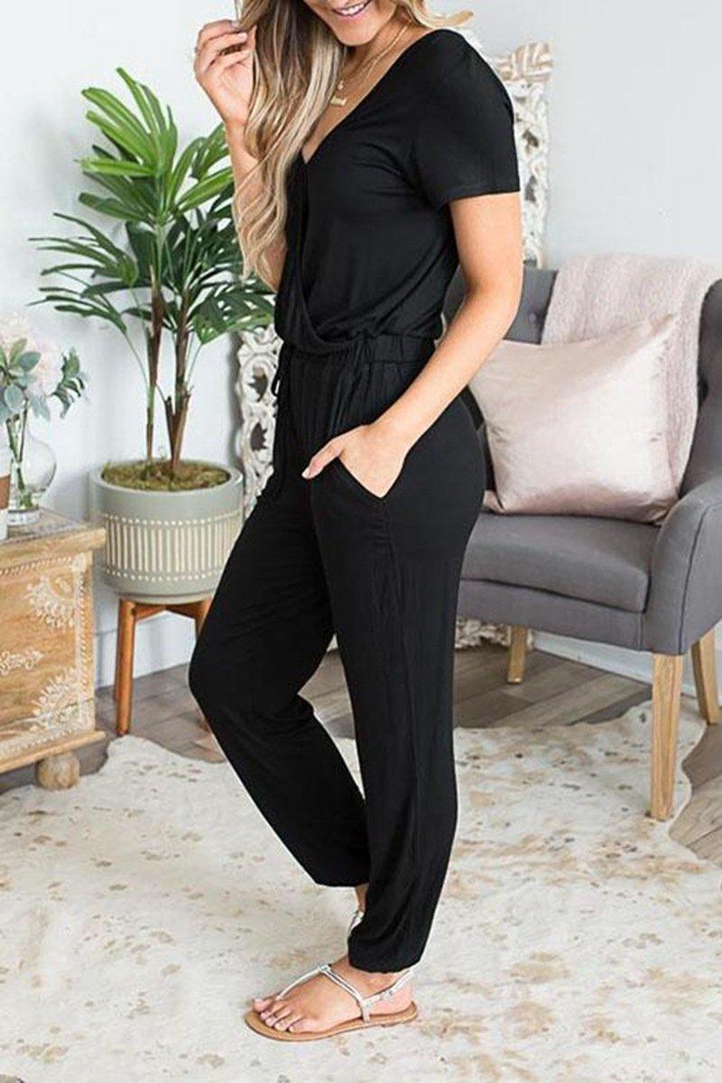 Solid Color V Neck Jumpsuit