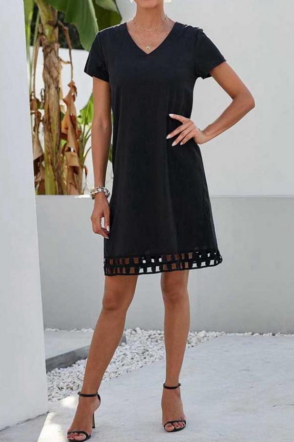 Solid Color V-neck Short-sleeved Slim Dress