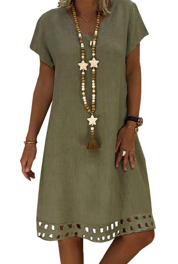 Solid Color V-neck Short-sleeved Slim Dress