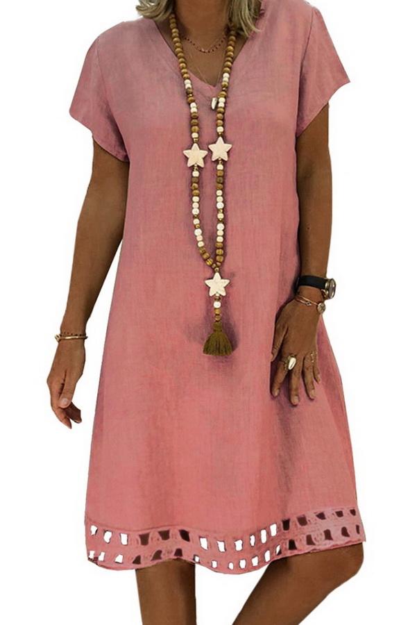 Solid Color V-neck Short-sleeved Slim Dress