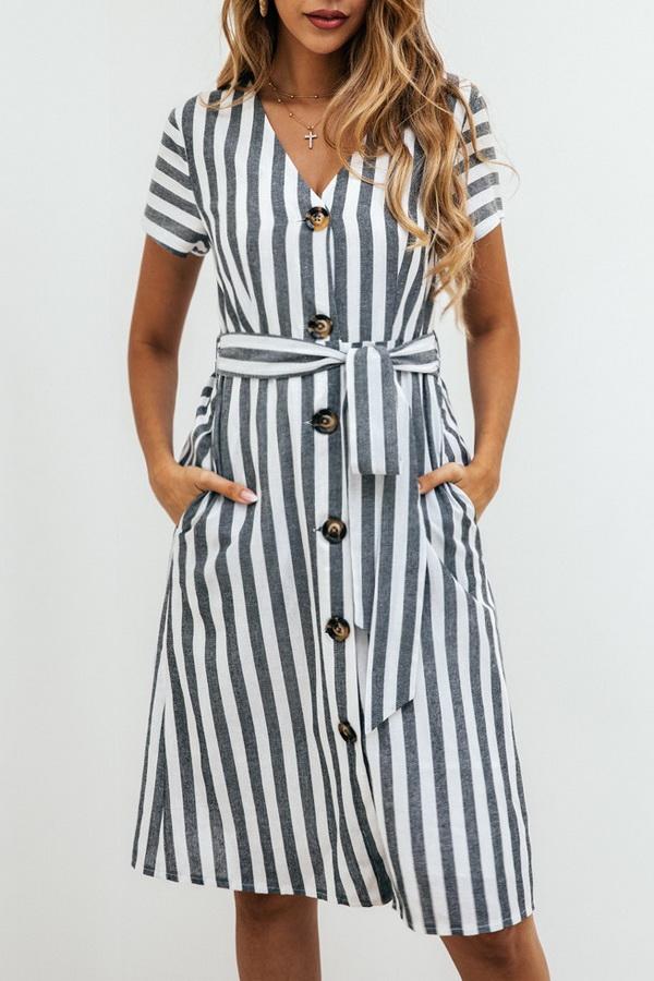 Stripe Pocket V-neck Single Breasted Dress