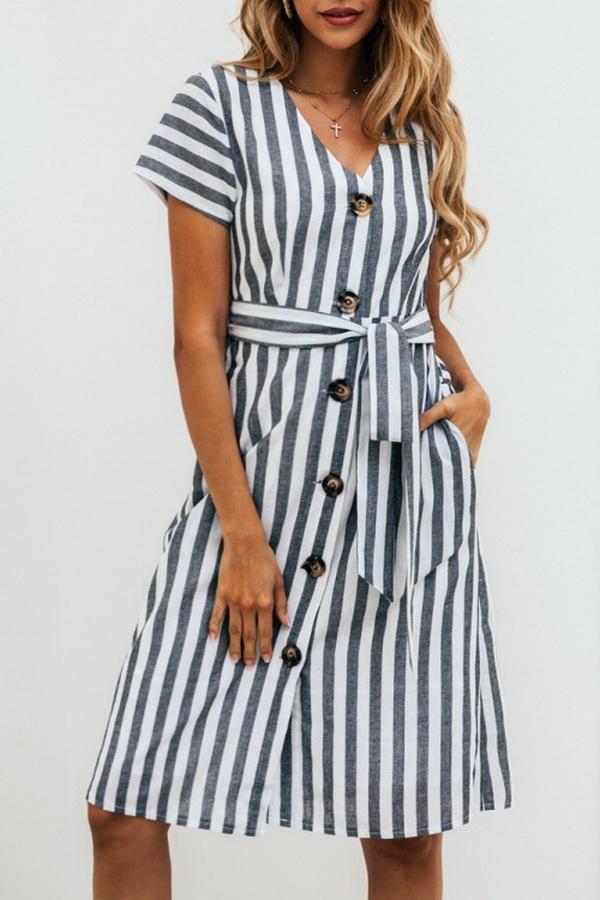 Stripe Pocket V-neck Single Breasted Dress