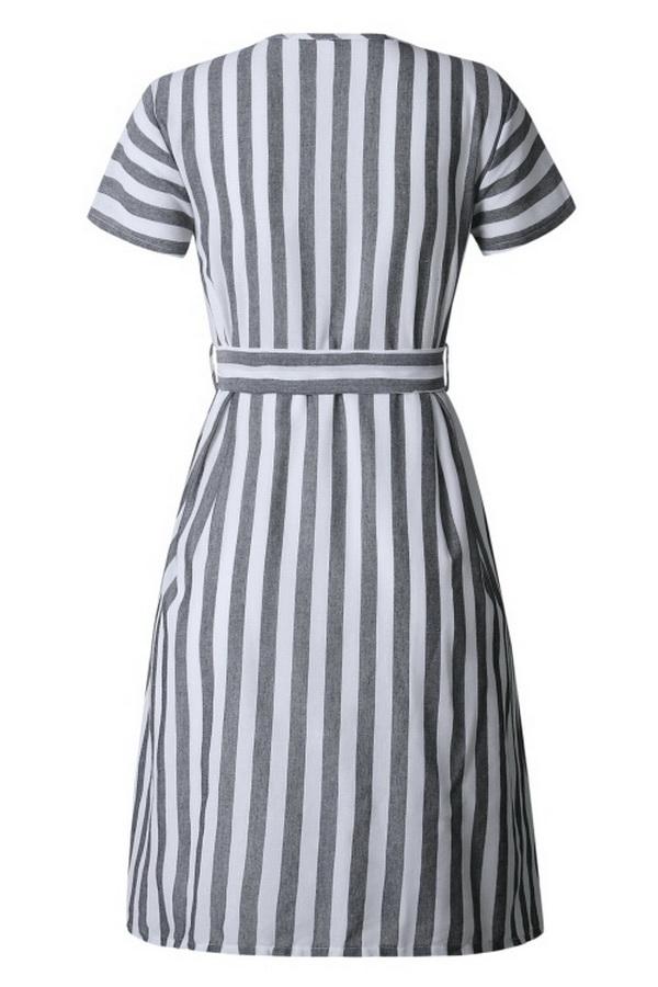 Stripe Pocket V-neck Single Breasted Dress