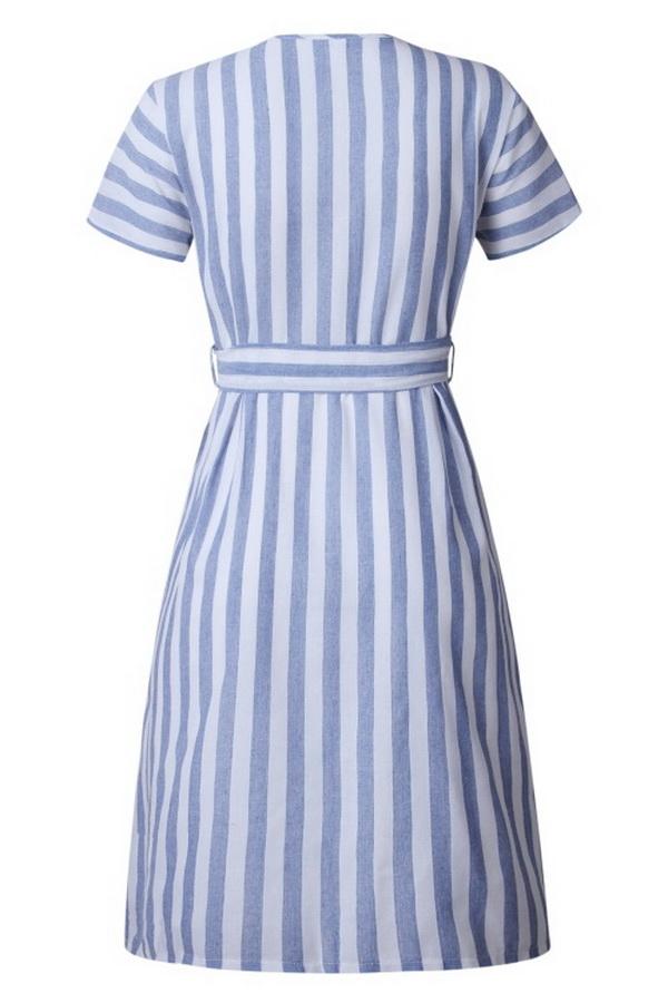 Stripe Pocket V-neck Single Breasted Dress