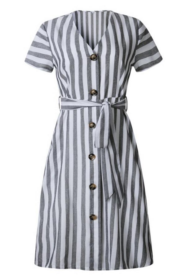 Stripe Pocket V-neck Single Breasted Dress