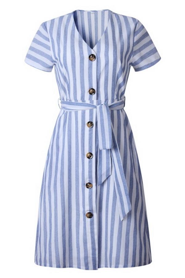 Stripe Pocket V-neck Single Breasted Dress