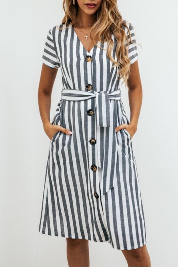 Stripe Pocket V-neck Single Breasted Dress