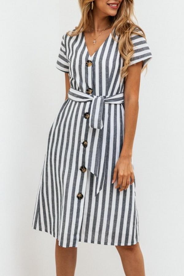 Stripe Pocket V-neck Single Breasted Dress