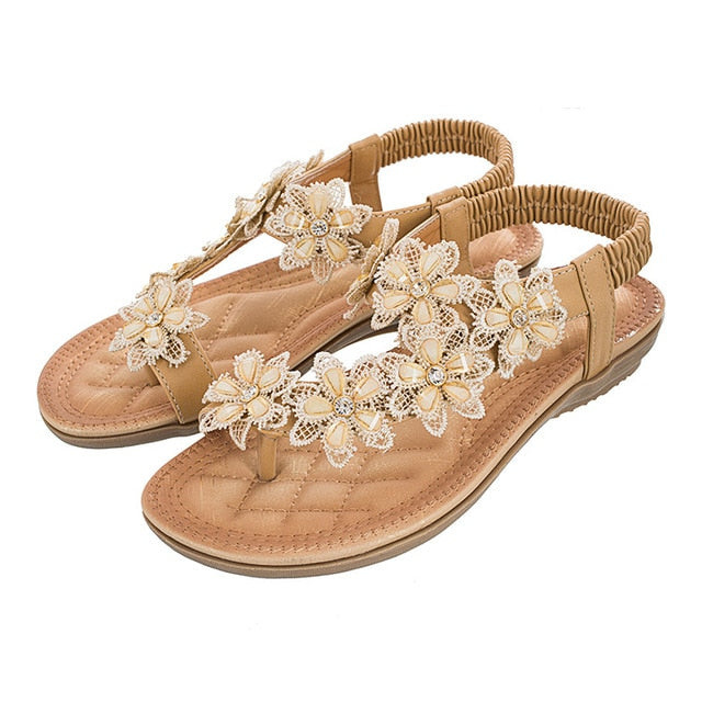 Vintage Beautiful Flower T-Strap Flat Sandal