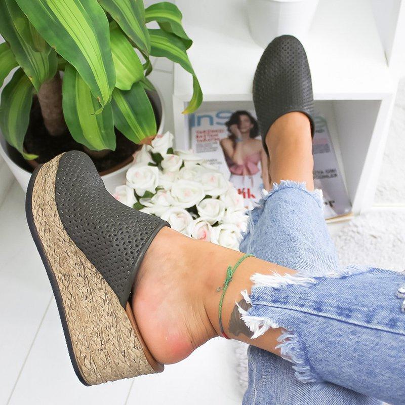 Vintage Hollow-out Closed Toe Wedges Sandals Filler Heel Slippers