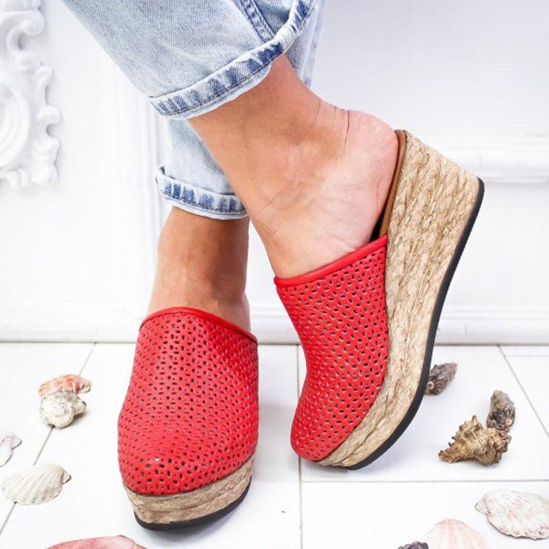 Vintage Hollow-out Closed Toe Wedges Sandals Filler Heel Slippers