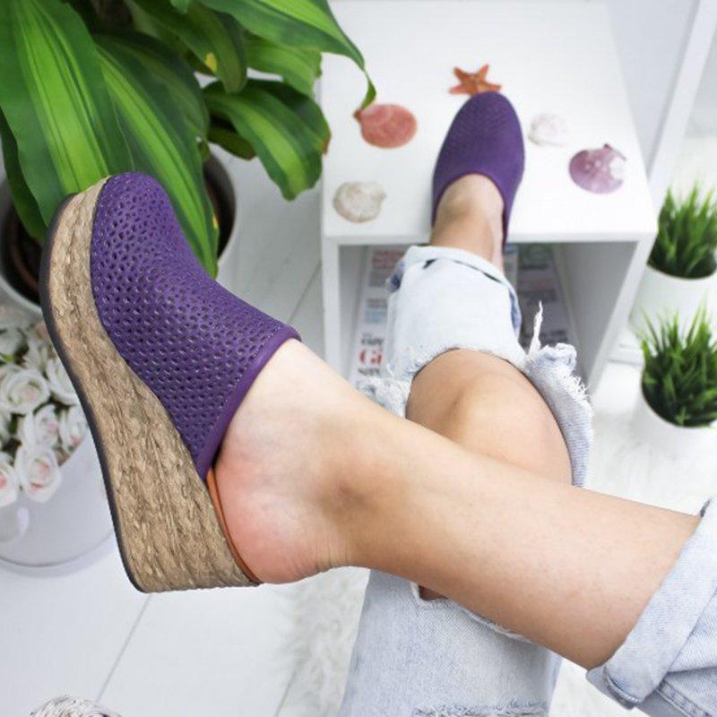 Vintage Hollow-out Closed Toe Wedges Sandals Filler Heel Slippers