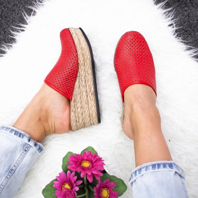 Vintage Hollow-out Closed Toe Wedges Sandals Filler Heel Slippers