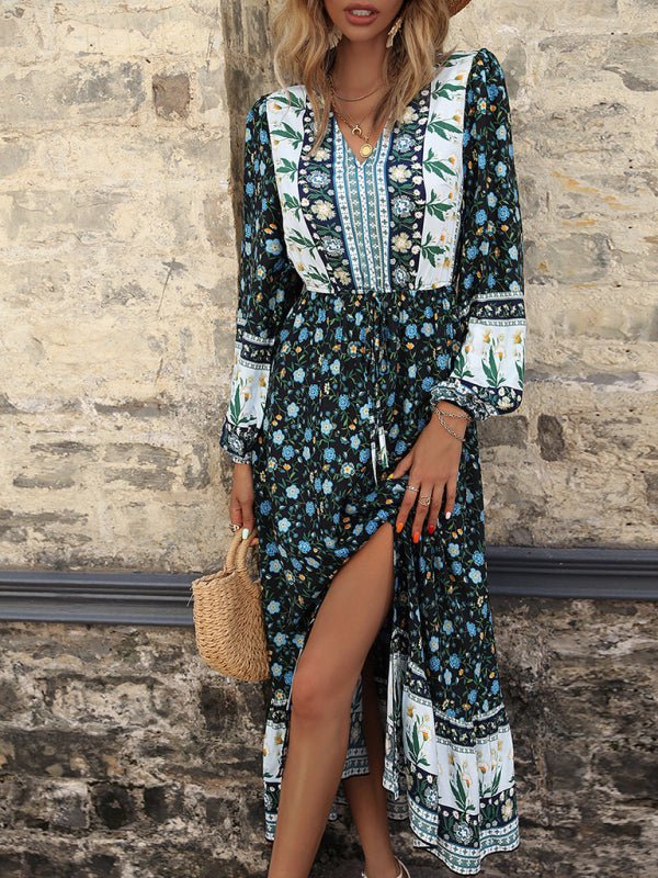 Women'S Fall New V-Neck Puff Sleeve Boho Print Long Sleeve Slit Dress
