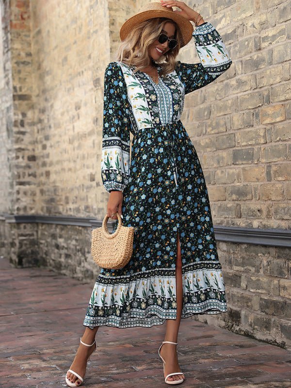 Women'S Fall New V-Neck Puff Sleeve Boho Print Long Sleeve Slit Dress