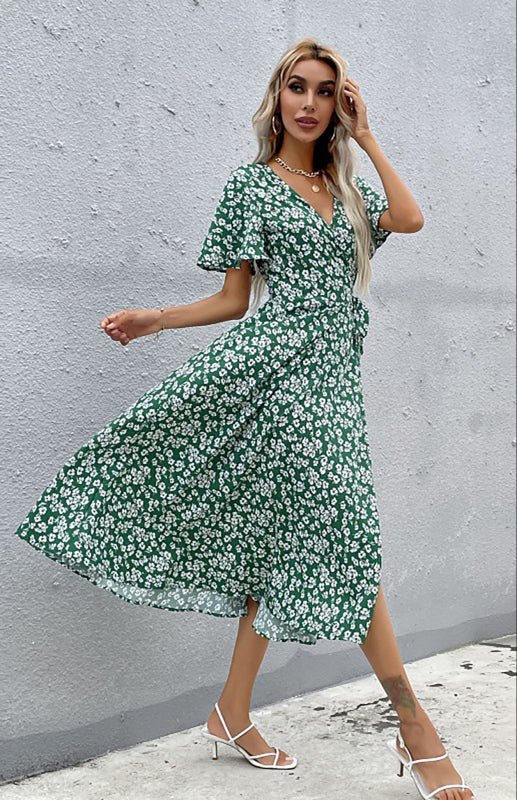 Women's Floral Print V Neck Wrap Knot Side Short Sleeve Dress