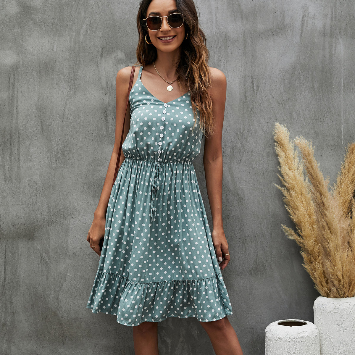 Dots Print V Neck Sleeveless Casual Dress