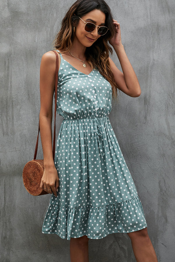 Dots Print V Neck Sleeveless Casual Dress