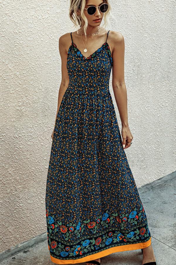 Fashion V Neck Print  Backless Maxi Dress