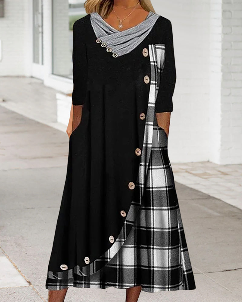 Check panel long sleeve midi dress