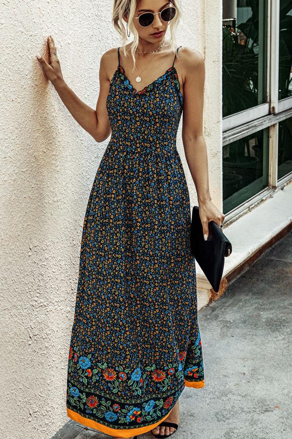 Fashion V Neck Print  Backless Maxi Dress