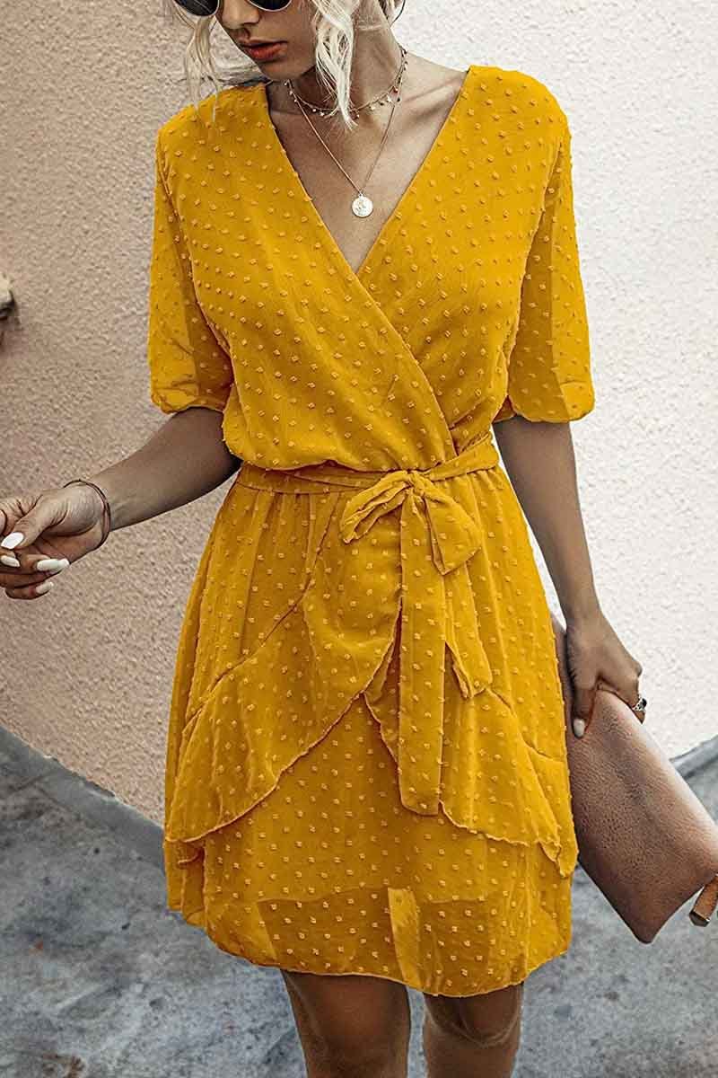 Swiss Dot V-Neck Dress With Belt(3 Colors)