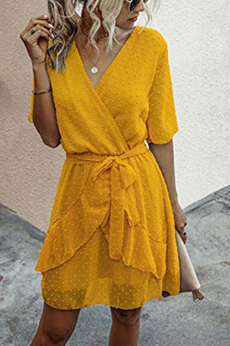 Swiss Dot V-Neck Dress With Belt(3 Colors)