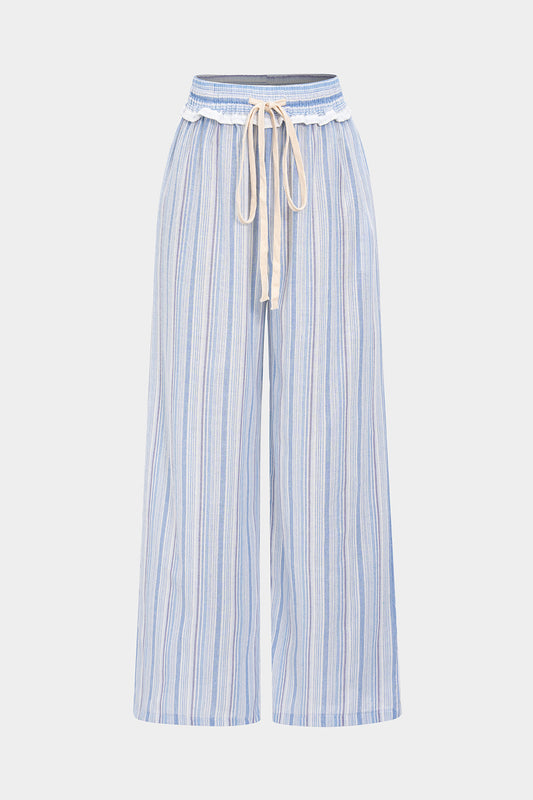 Stripes Contrast Print Tie-Up Wide Leg Trousers