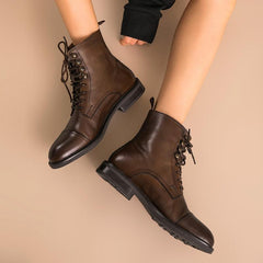 Women Ankle Boots Genuine Leather Lace-Up Round Toe Top Winter Ladies shoes